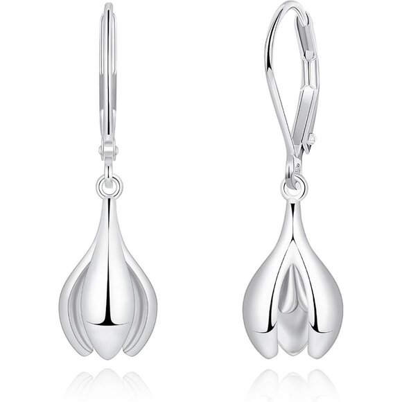Dainty Silver- Floral Leverback Dangle Drop Hypoallergenic Earring for Women - Picture 1 of 7